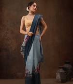 Teal Floral Digital Printed Cotton Blend Saree