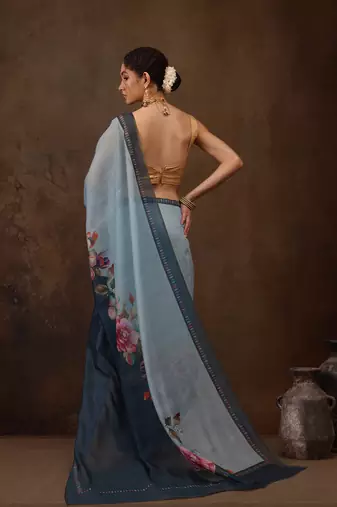 Teal Floral Digital Printed Cotton Blend Saree