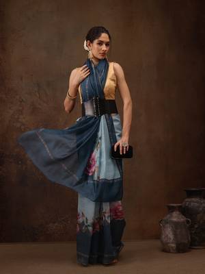 Teal Floral Digital Printed Cotton Blend Saree 3