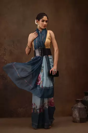 Teal Floral Digital Printed Cotton Blend Saree