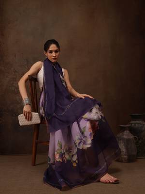 Lavender Floral Digital Printed Cotton Blend Saree 1