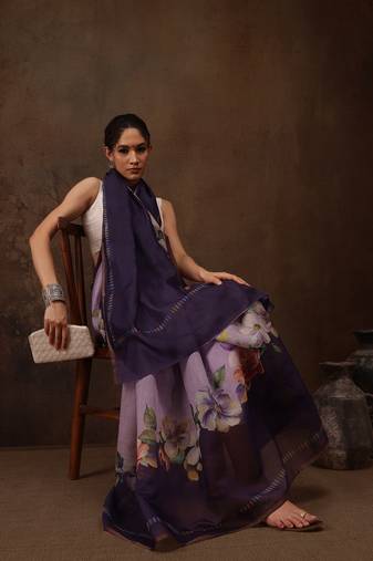 Lavender Floral Digital Printed Cotton Blend Saree