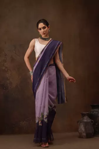 Lavender Floral Digital Printed Cotton Blend Saree