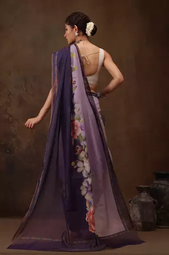 Lavender Floral Digital Printed Cotton Blend Saree