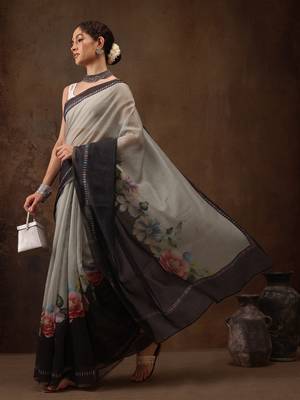 Grey Floral Digital Printed Cotton Blend Saree 1