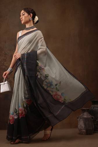 Grey Floral Digital Printed Cotton Blend Saree