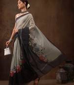 Grey Floral Digital Printed Cotton Blend Saree