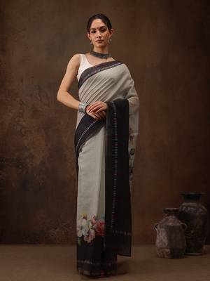 Grey Floral Digital Printed Cotton Blend Saree 2