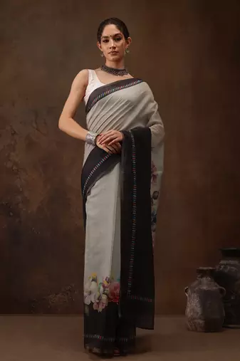 Grey Floral Digital Printed Cotton Blend Saree