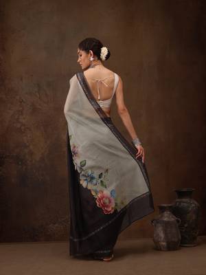 Grey Floral Digital Printed Cotton Blend Saree 3