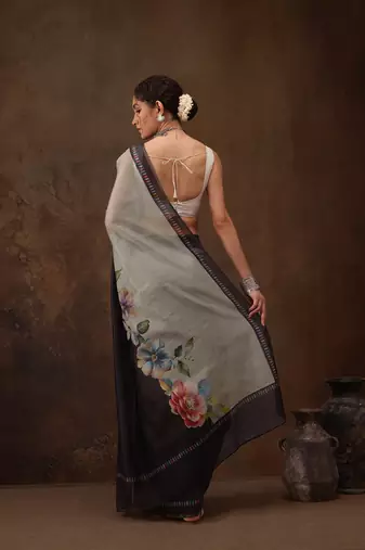 Grey Floral Digital Printed Cotton Blend Saree