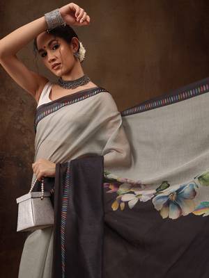 Grey Floral Digital Printed Cotton Blend Saree 4