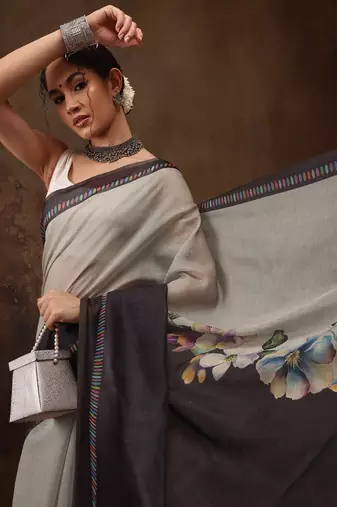 Grey Floral Digital Printed Cotton Blend Saree