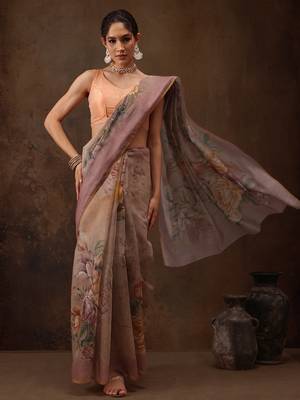 Beige Floral Digital Printed Cotton Blend Saree 1