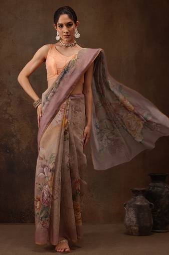 Beige Floral Digital Printed Cotton Blend Saree