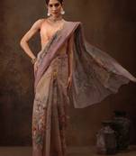 Beige Floral Digital Printed Cotton Blend Saree