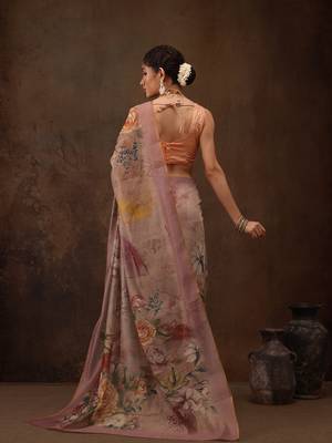 Beige Floral Digital Printed Cotton Blend Saree 2