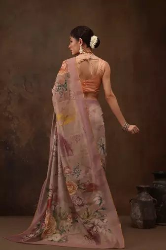 Beige Floral Digital Printed Cotton Blend Saree