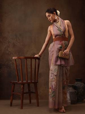 Beige Floral Digital Printed Cotton Blend Saree 3