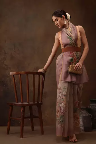 Beige Floral Digital Printed Cotton Blend Saree