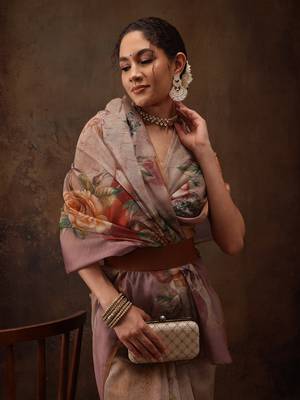 Beige Floral Digital Printed Cotton Blend Saree 4