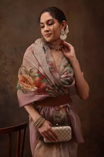 Beige Floral Digital Printed Cotton Blend Saree