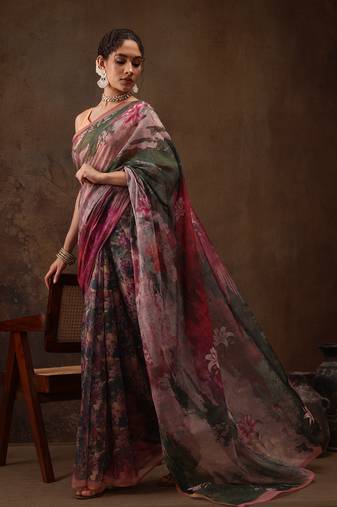 Multicolor floral digital printed soft silk saree