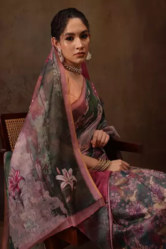 Multicolor floral digital printed soft silk saree