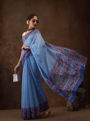 Sky Blue Floral Digital Printed Cotton Blend Saree 1