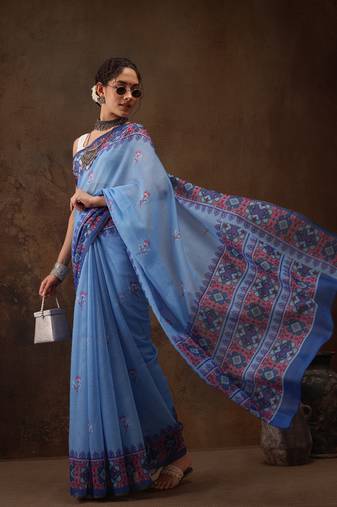 Sky Blue Floral Digital Printed Cotton Blend Saree
