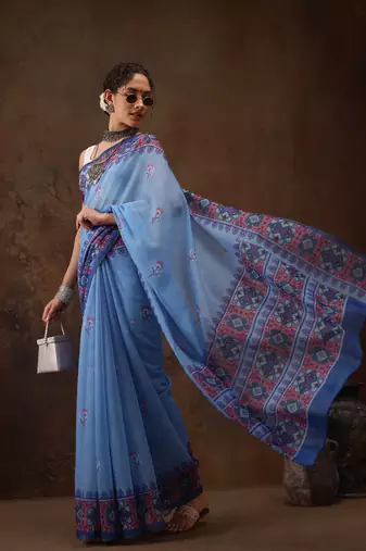 Sky Blue Floral Digital Printed Cotton Blend Saree