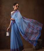 Sky Blue Floral Digital Printed Cotton Blend Saree