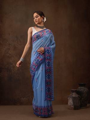 Sky Blue Floral Digital Printed Cotton Blend Saree 2