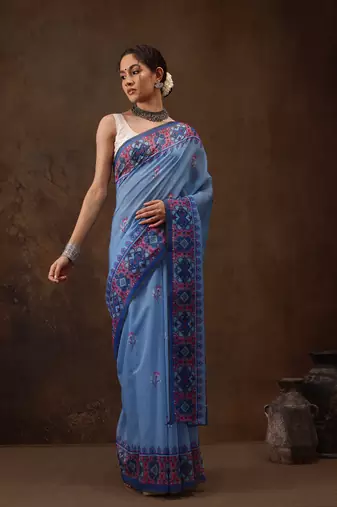 Sky Blue Floral Digital Printed Cotton Blend Saree