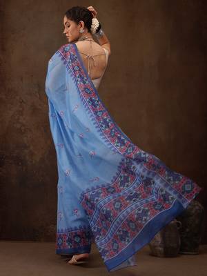 Sky Blue Floral Digital Printed Cotton Blend Saree 3