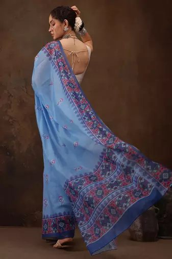 Sky Blue Floral Digital Printed Cotton Blend Saree