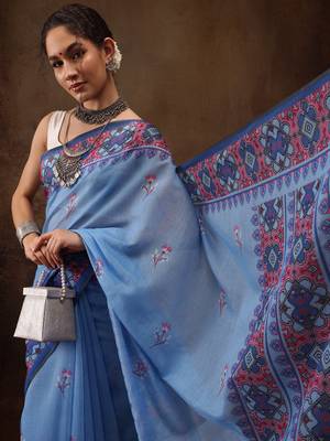 Sky Blue Floral Digital Printed Cotton Blend Saree 4