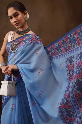 Sky Blue Floral Digital Printed Cotton Blend Saree