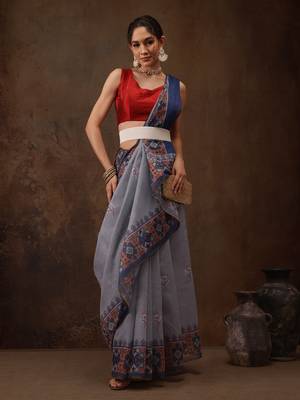 Grey Floral Digital Printed Cotton Blend Saree 1