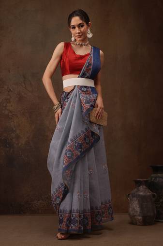 Grey Floral Digital Printed Cotton Blend Saree