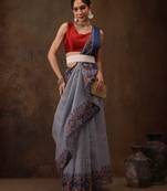 Grey Floral Digital Printed Cotton Blend Saree