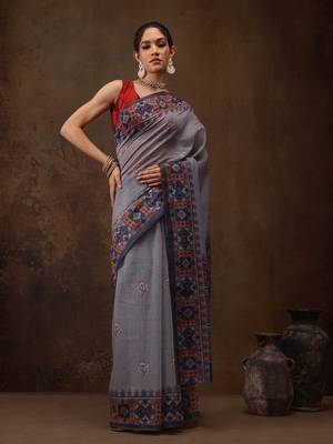 Grey Floral Digital Printed Cotton Blend Saree 2