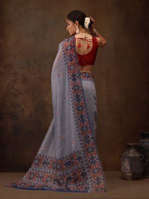 Grey Floral Digital Printed Cotton Blend Saree 3