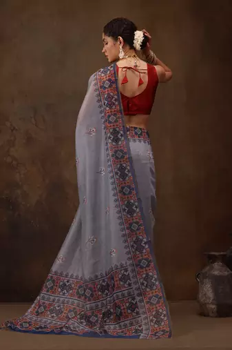 Grey Floral Digital Printed Cotton Blend Saree
