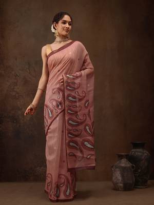 Peach Floral Digital Printed Cotton Blend Saree 1