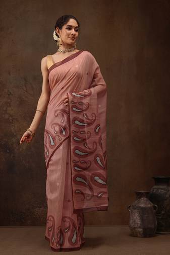 Peach Floral Digital Printed Cotton Blend Saree