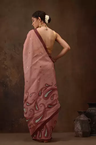 Peach Floral Digital Printed Cotton Blend Saree