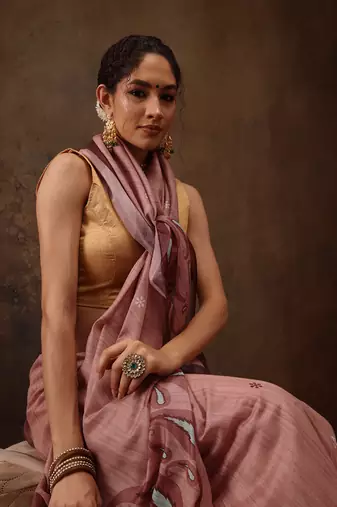 Peach Floral Digital Printed Cotton Blend Saree
