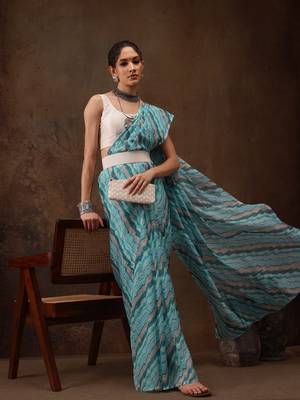 Teal Abstract Digital Printed Cotton Blend Saree 1