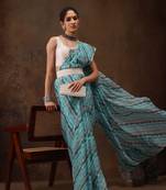 Teal Abstract Digital Printed Cotton Blend Saree